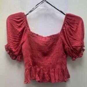 Forever 21 Coral Cinched/Waffled Puffed Sleeve Cropped Blouse